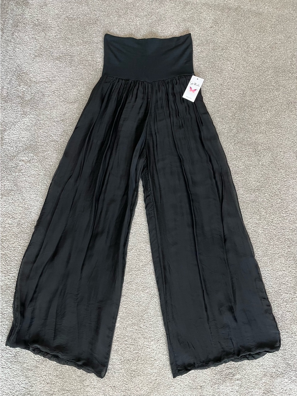 NWT Gigi Moda Aspen Palazzo Pants Italy 100% Silk Black Stretch Waistband